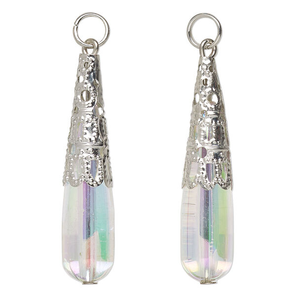 Focal, imitation rhodium-finished steel and acrylic, clear AB, 36x9mm teardrop with jump ring. Sold per pkg of 8. image number 0