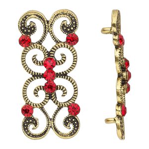 Spacer, antiqued gold-finished "pewter" (zinc-based alloy) and Czech glass rhinestone, light Siam, 37x16mm 2-strand fancy rectangle. Sold per pkg of 4.