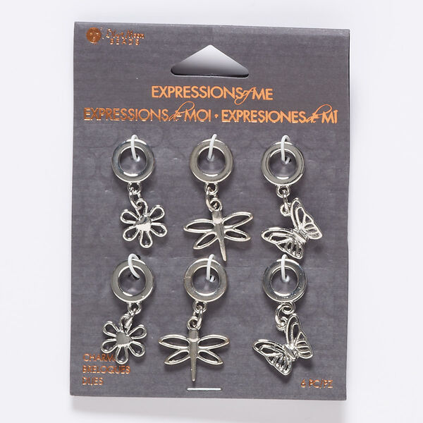 Focal mix, silver-finished "pewter" (zinc-based alloy) and steel, (2) 30x12mm flower / (2) 31x14mm butterfly / (2) 32x18mm dragonfly with cutout design and 6.5mm hole. Sold per pkg of 6. image number 0