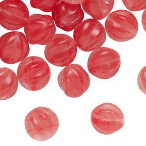 Bead, Czech pressed glass, translucent light red, 10mm corrugated round. Sold per 2-ounce pkg, approximately 50 beads.