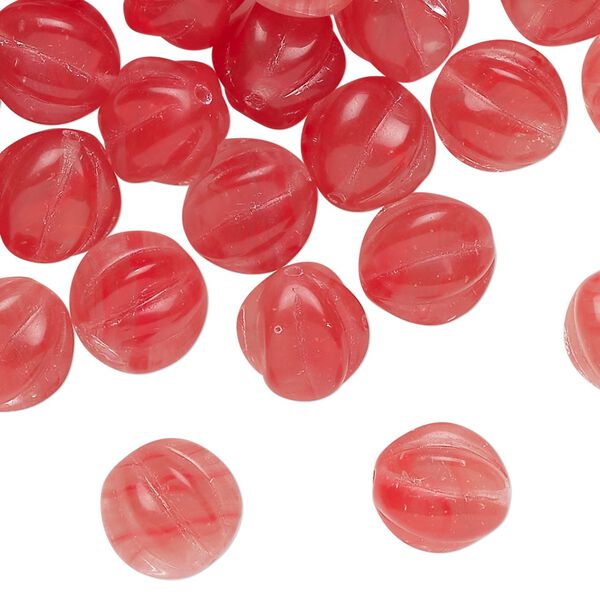 Bead, Czech pressed glass, translucent light red, 10mm corrugated round. Sold per 2-ounce pkg, approximately 50 beads. image number 0