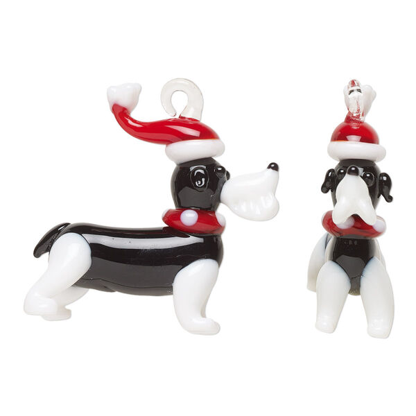 Focal, lampworked glass, opaque white / black / red, 40x38mm 3D Santa dog. Sold individually. image number 0