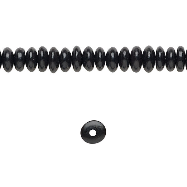 Bead, horn (dyed / waxed), black, 6x3mm hand-cut saucer. Sold per 15-1/2" to 16" strand. image number 0