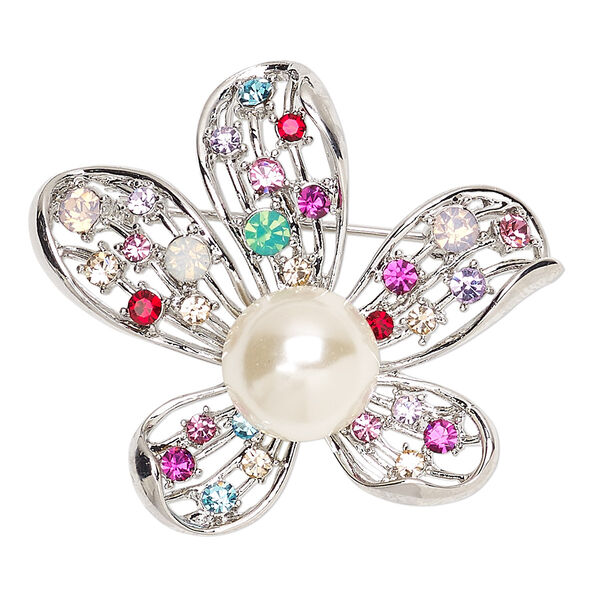 Brooch, glass rhinestone / glass pearl / imitation rhodium-finished "pewter" (zinc-based alloy), multicolored, 43x37mm flower. Sold individually. image number 0