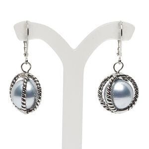 Earring, glass pearl and antique silver-finished "pewter" (zinc-based alloy), 37mm fishhook with 17mm round, 20 gauge. Sold per pair.