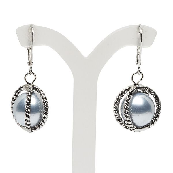 Earring, glass pearl and antique silver-finished "pewter" (zinc-based alloy), 37mm fishhook with 17mm round, 20 gauge. Sold per pair. image number 0