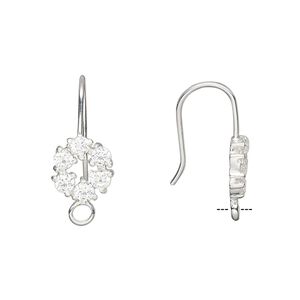 Ear wire fishhook 1pkg2 sterling silver / cubic zirconia, 21.5mm / 9mm faceted flower / closed loop, 20 gauge clear 1 pair