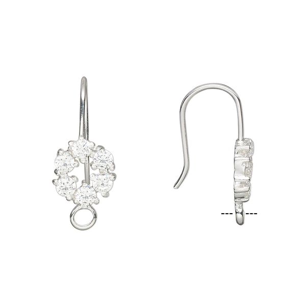 Ear wire fishhook 1pkg2 sterling silver / cubic zirconia, 21.5mm / 9mm faceted flower / closed loop, 20 gauge clear 1 pair image number 0