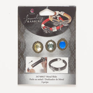 Slider bead assortment 1pkg3, antique gold-finished "pewter" (zinc alloy) and acrylic, yellow / green / blue, 16x14mm oval.