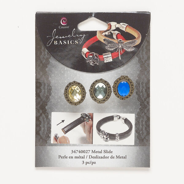 Slider bead assortment 1pkg3, antique gold-finished "pewter" (zinc alloy) and acrylic, yellow / green / blue, 16x14mm oval. image number 0