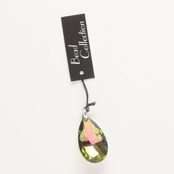 Pendant, silver-finished "pewter" (zinc-based alloy) and glass, opaque clear vitrail, 38x22mm faceted teardrop. Sold individually. image number 0