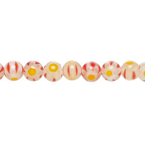 Bead, millefiori glass 1pkg1, translucent red / white / yellow, 6mm round, 15 inches.
