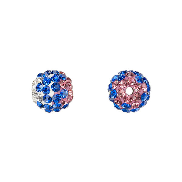 Bead, Egyptian glass rhinestone / epoxy / resin, white / pink / cobalt blue, 10mm round with pavé wave design. Sold individually. image number 0