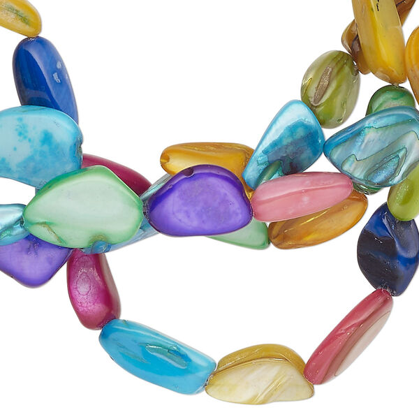 Bead, mother-of-pearl shell (dyed), multicolored, mini to small flat nugget, Mohs hardness 3-1/2. Sold per 32-inch strand. image number 0