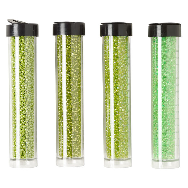 Seed bead assortment, Ming Tree™, glass, pkg/(4) 4 x 3/4 inch vials, #11 round, opaque and transparent silver-lined rainbow lime green and bright green. image number 0