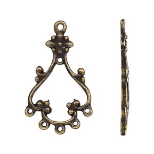 Drop, antique brass-finished "pewter" (zinc-based alloy), 27x19mm single-sided open flower with 6 closed loops. Sold per pkg of 10.
