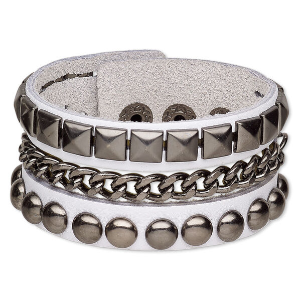 Bracelet, leather (dyed) and gunmetal-finished steel, white, 37mm wide with round and square studs, adjustable from 5-1/2 to 6-1/2 inches with snap closure. Sold individually. image number 0