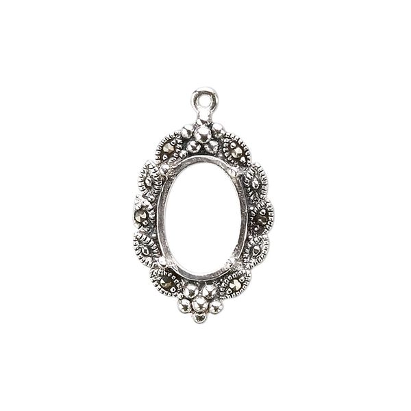 Drop, marcasite (natural) and sterling silver, 22x15mm oval with 14x10mm 4-prong oval setting. Sold individually. image number 0