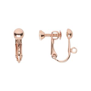 Earring clip-on 1pkg10 copper-plated, 15mm hinged screwback / 5mm half-ball / open loop, brass 5 pair