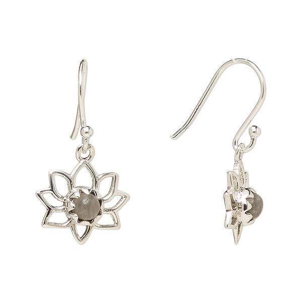 Ear wire, Create Compliments®, antiqued sterling silver and labradorite (natural), fishhook, 26mm with 14.5x12mm single-sided open lotus, 21 gauge. Sold per pair. image number 0