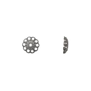Bead cap, gunmetal-plated brass, stamped, 8x2mm fancy round with cutout diamond pattern, fits 8-10mm bead. Sold per pkg of 100.
