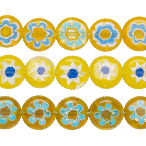 Bead mix, millefiori glass, multicolored, 10mm puffed flat round with flower design. Sold per pkg of (3) 14-inch strands. image number 0
