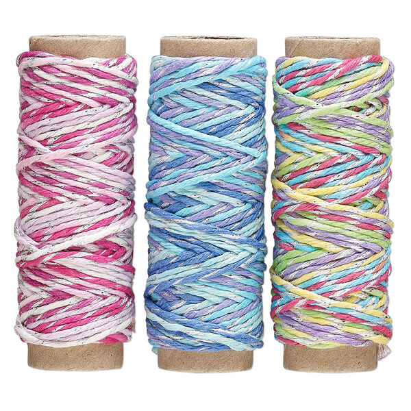 Cord assortment, Hemptique®, polished hemp (dyed), mixed colors, 1mm 7-ply, 20-pound test. Sold per pkg of (3) 16.4-foot spools. image number 0