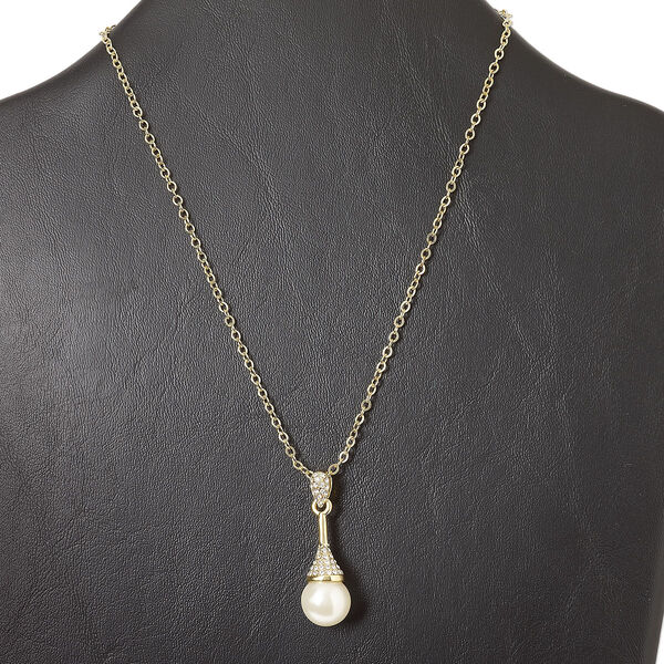 Necklace, gold-finished "pewter" (zinc-based alloy) and steel / glass rhinestone / freshwater pearl shell (bleached), clear and white, 1-1/2 inch dangle, 15" to 16" necklace with lobster claw clasp and 3-inch extender chain. Sold individually. image number 0