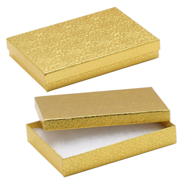Box, paper, "cotton"-filled, gold, 7-1/8 x 5-1/8 x 1-1/8 inch rectangle. Sold per pkg of 10. image number 0