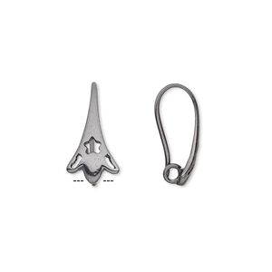 Ear wire fishhook 1pkg20 gunmetal-plated, 19mm flower / cutout star and lines design / hidden open loop, 20 gauge brass 10 pair