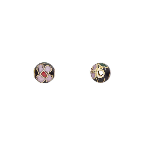 Bead, cloisonné, enamel and gold-finished copper, black / red / pink, 6mm round with flower design. Sold per pkg of 10. image number 0