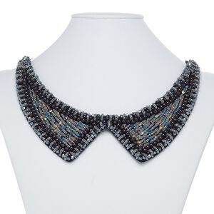 Necklace, collar, polyester / plastic / glass, multicolored, 2-1/2 inches wide, 29-1/2 inches with tie closure. Sold individually.