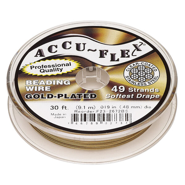 Beading wire, Accu-Flex®, nylon and 24Kt gold-plated stainless steel, clear, 49 strand, 0.019-inch diameter. Sold per 30-foot spool. image number 0