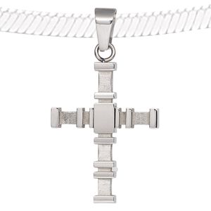 Pendant, stainless steel, 38x25mm double-sided tiered cross with textured and smooth design. Sold individually.