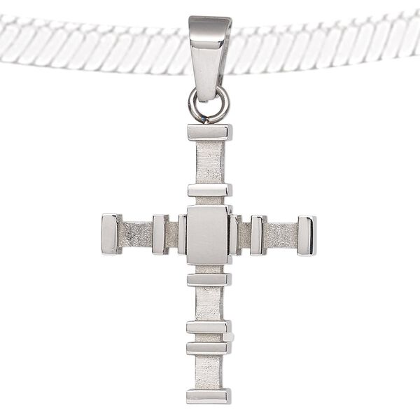 Pendant, stainless steel, 38x25mm double-sided tiered cross with textured and smooth design. Sold individually. image number 0