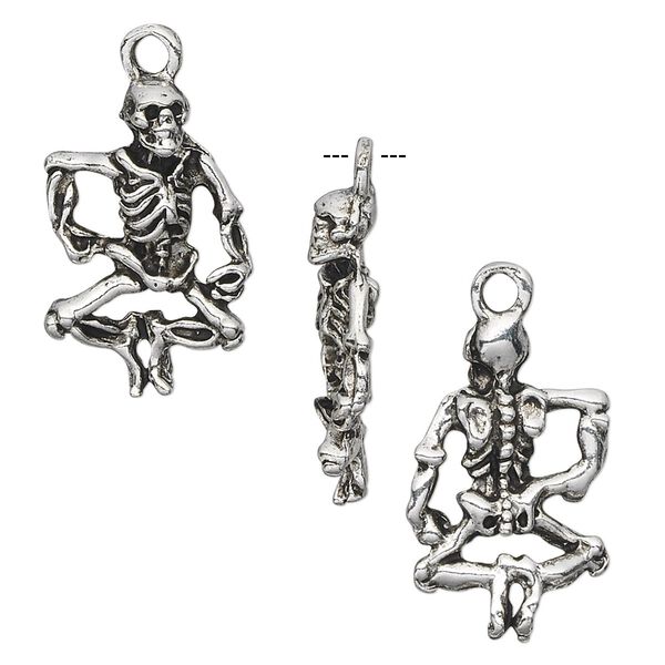 Charm, antique silver-plated pewter (tin-based alloy), 25x14mm double-sided skeleton. Sold per pkg of 4. image number 0