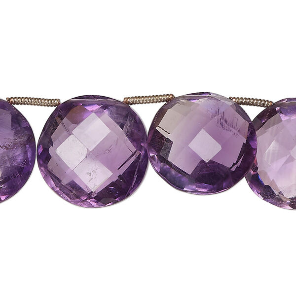 Bead, amethyst (natural), dark, 15-18mm hand-cut top-drilled faceted puffed flat round, B+ grade, Mohs hardness 7. Sold per pkg of 12. image number 0