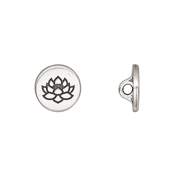 Button, TierraCast®, antique silver-plated pewter (tin-based alloy), 12mm flat round with lotus and loop. Sold per pkg of 2. image number 0