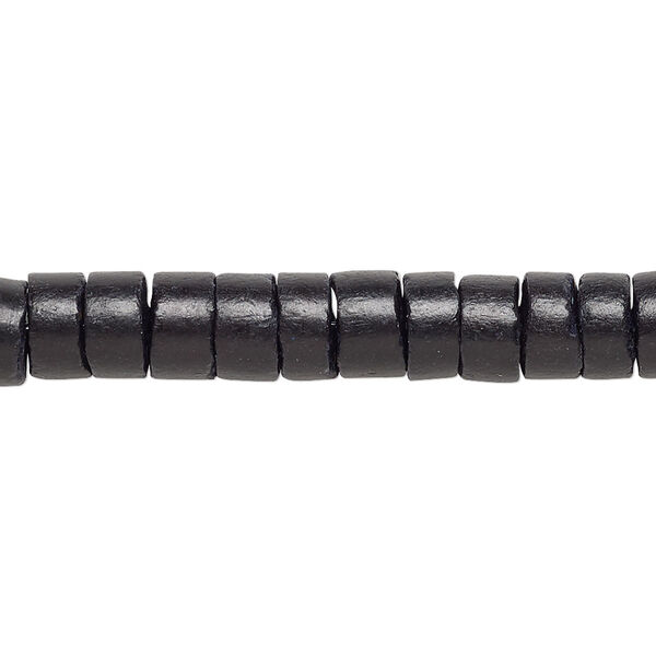 Bead, wood (dyed / waxed), black, 7-8mm hand-cut heishi. Sold per 24-inch strand. image number 0