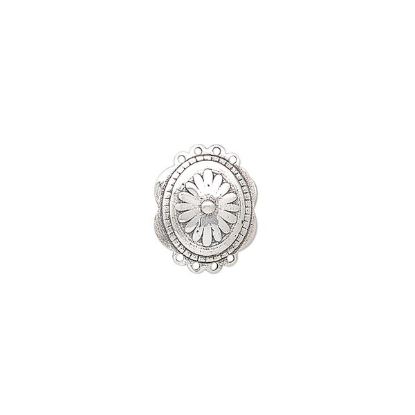 Drop, antiqued sterling silver, pkg/1, 13.75x11mm single-sided domed oval with flower design. image number 0