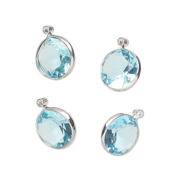 Drop, silver-finished brass, translucent aqua blue, 10mm faceted round with open back. Sold per pkg of 4. image number 0