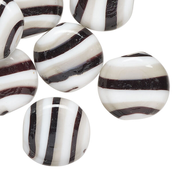 Bead, lampworked glass, opaque black / grey / white, 17mm flat round. Sold per pkg of 10. image number 0