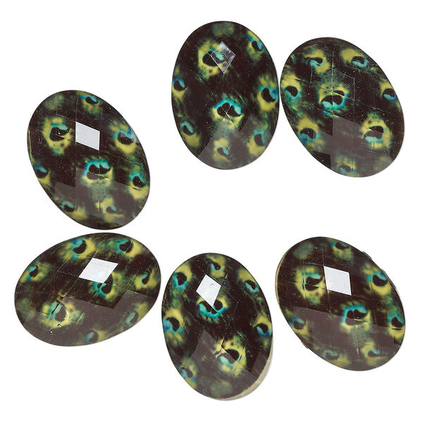 Cabochon, acrylic, black / yellow / green, 25x18mm non-calibrated faceted oval with peacock design. Sold per pkg of 6. image number 0