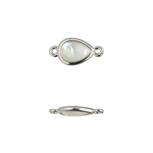 Link, mother-of-pearl shell and imitation rhodium-finished brass (assembled), 10.5x7mm-11.5x8mm double-sided teardrop. Sold per pkg of 4.