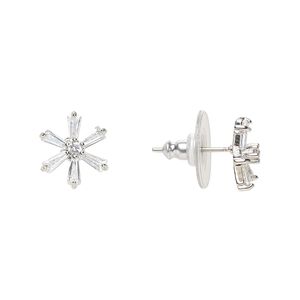 Earring 1pkg2 silver-plated / cubic zirconia, 11x10mm flower / comfort clutch, brass / plastic clear 1 pair