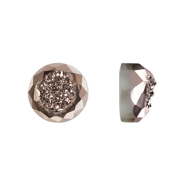 Cabochon, druzy agate (coated), rose gold, 12mm hand-cut loosely calibrated faceted round, B grade, Mohs hardness 7. Sold individually. image number 0