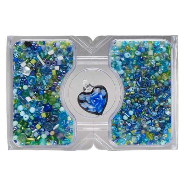 Pendant and bead mix, glass, opaque to transparent multi-blue and multi-green, 30x2mm-32x26mm heart and 15/0 to 10mm mixed shapes. Sold per 100-gram pkg, approximately 2,500 beads. image number 0
