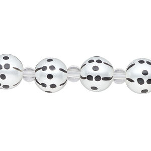 Bead, glass 1pkg8, opaque black and white, 10mm hand-painted round.