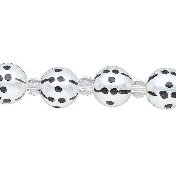 Bead, glass 1pkg8, opaque black and white, 10mm hand-painted round. image number 0