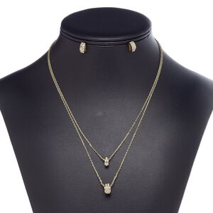 Necklace and earring set, 2-strand, glass rhinestone / gold-finished steel / brass / "pewter" (zinc-based alloy), clear, 8x6mm and 10x6mm oval rondelle, 18-inch necklace with 2-inch extender chain and lobster claw clasp, 11x5mm oval rondelle with post. Sold per set.